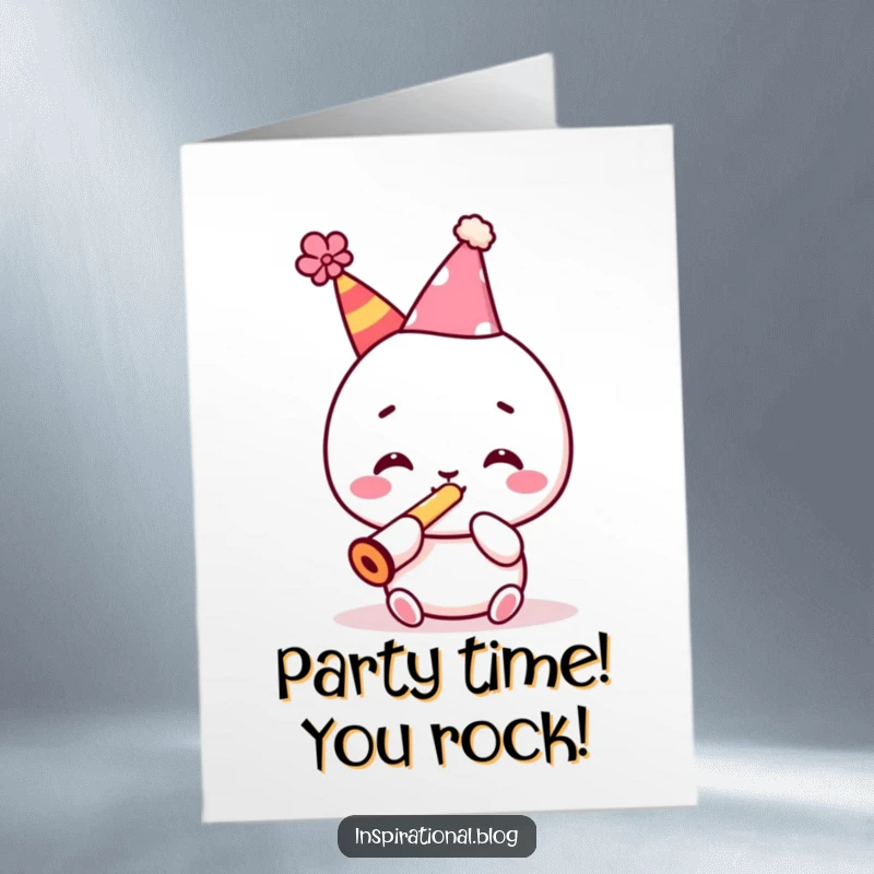 Funny Free Printable Congratulations Card: Kawaii character in a party hat enthusiastically blowing a kazoo, celebrating.