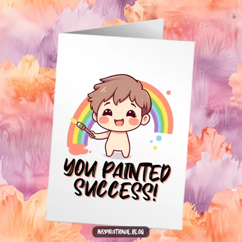 Funny Free Printable Congratulations Card: Character paints a vibrant rainbow, offering humorous and colorful congratulations.