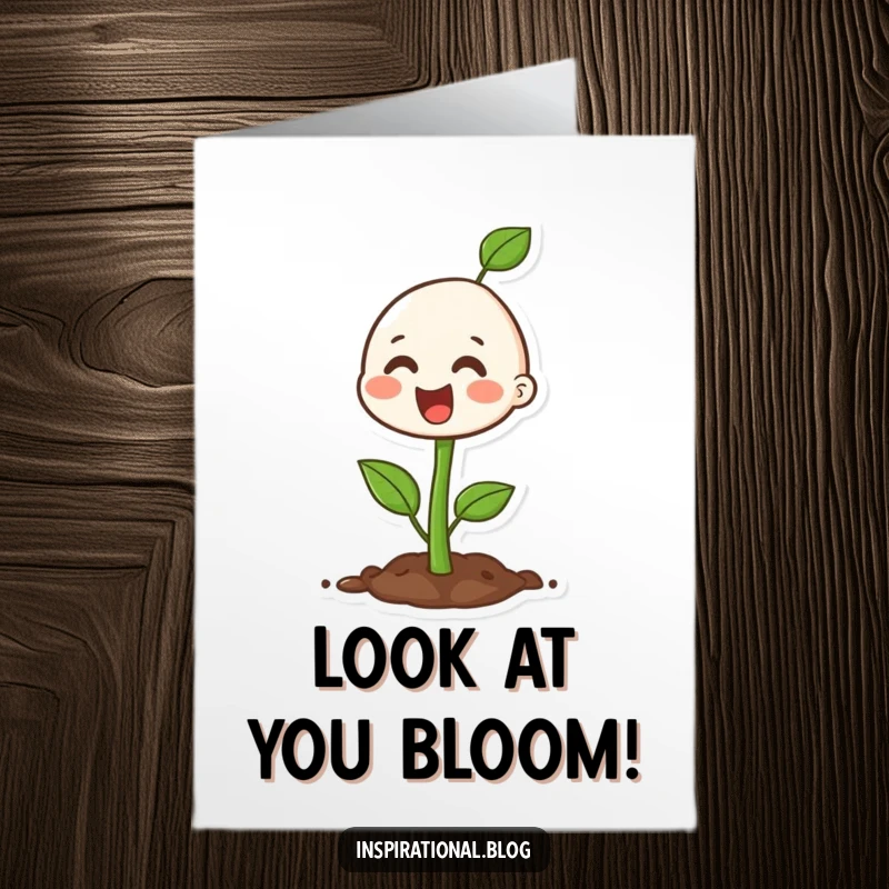 Funny Free Printable Congratulations Card: Happy seedling character bursting with growth, celebrating achievements and new beginnings, downloadable art.