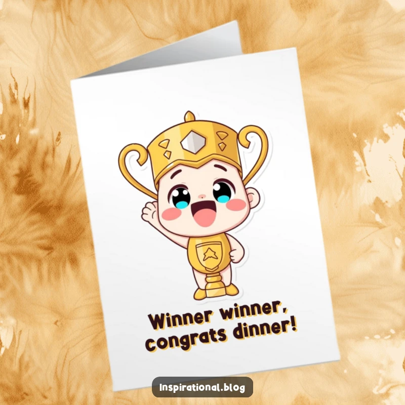 Funny Free Printable Congratulations Card showing a trophy beaming with pride, perfect for winners. Downloadable art.