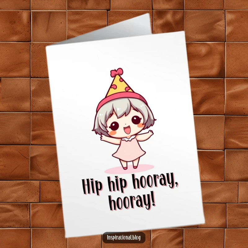 Funny Free Printable Congratulations Card: Little character in a festive hat performs a hilarious, silly dance.