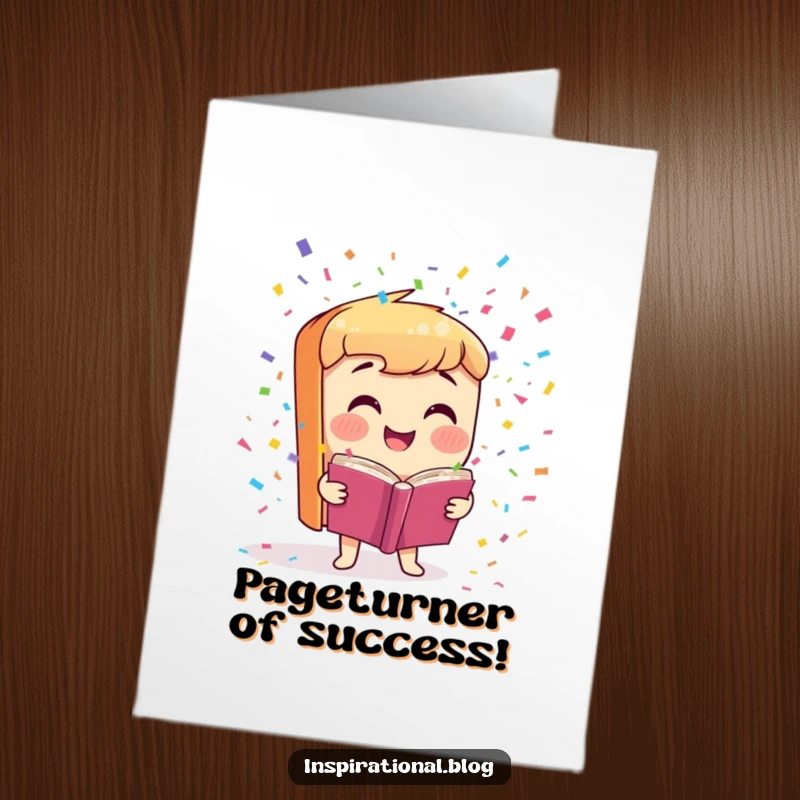 Funny Free Printable congratulations card showing a happy book character launching vibrant confetti in a celebratory moment.