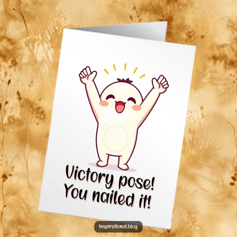 Funny Free Printable Kawaii Triumphant Congrats Card: Character in triumphant pose, arms in air, celebrating success, print at home.