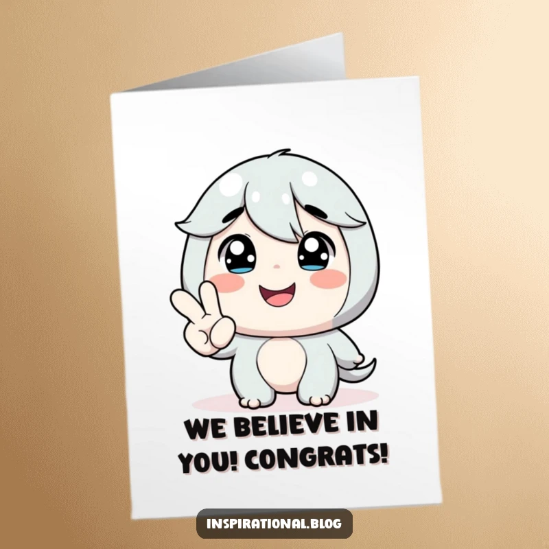 Funny Free Printable Congratulations Card showing a character beaming, receiving encouragement from a miniature hand, highlighting supportive success.