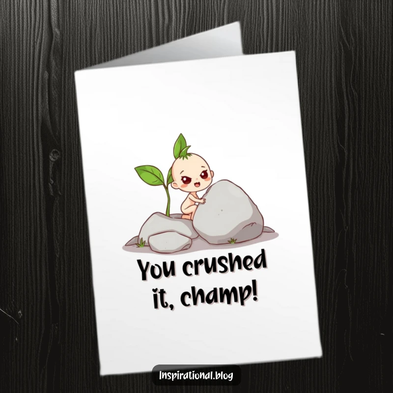 Funny Free Printable Congratulations Card: Determined sprout victoriously pushing a giant rock, celebrating success with a humorous downloadable design.