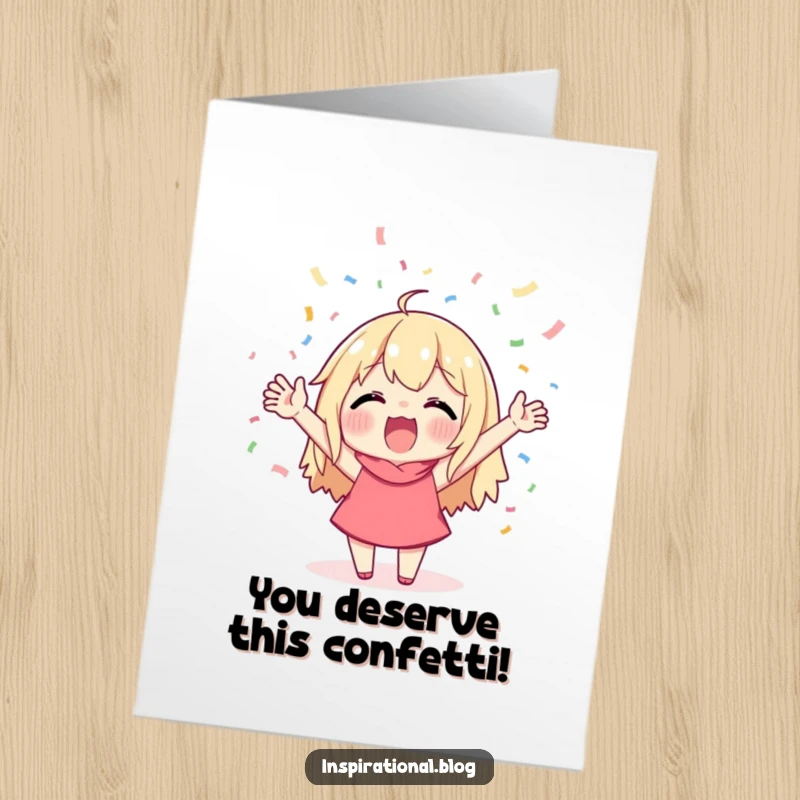 Funny Free Printable Congratulations Card showing a character cheering enthusiastically under a cascade of confetti, signifying pure celebration and success.