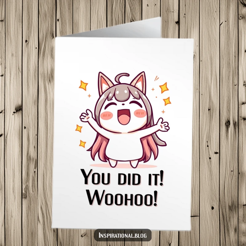 Funny Free Printable Congratulations Card: Kawaii character exclaiming joyfully surrounded by festive starbursts, celebrating a win.