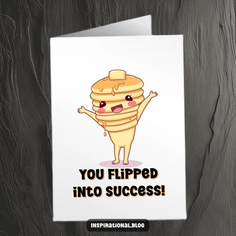 Funny Free Printable Congratulations Card showing a wobbly stack of pancakes attempting a handstand, celebrating achievements.