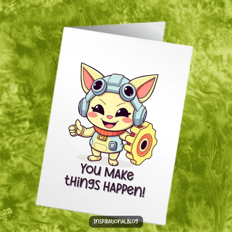 Funny Free Printable Congratulations Card: A mischievous gear character smiling and turning gears in celebration.