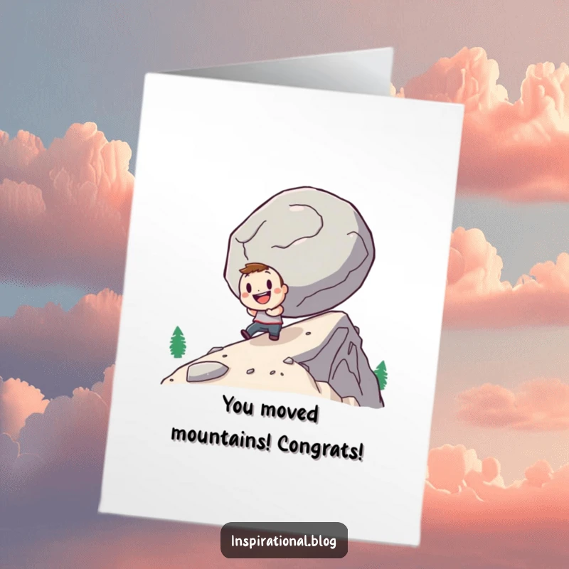 Funny Free Printable Congrats Card: Small character with a grin pushing a massive boulder uphill, a funny celebration of effort.