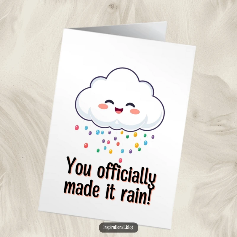 Funny Free Printable Congratulations Card featuring a giggling rain cloud character showering colorful drops, perfect for celebrating achievements.
