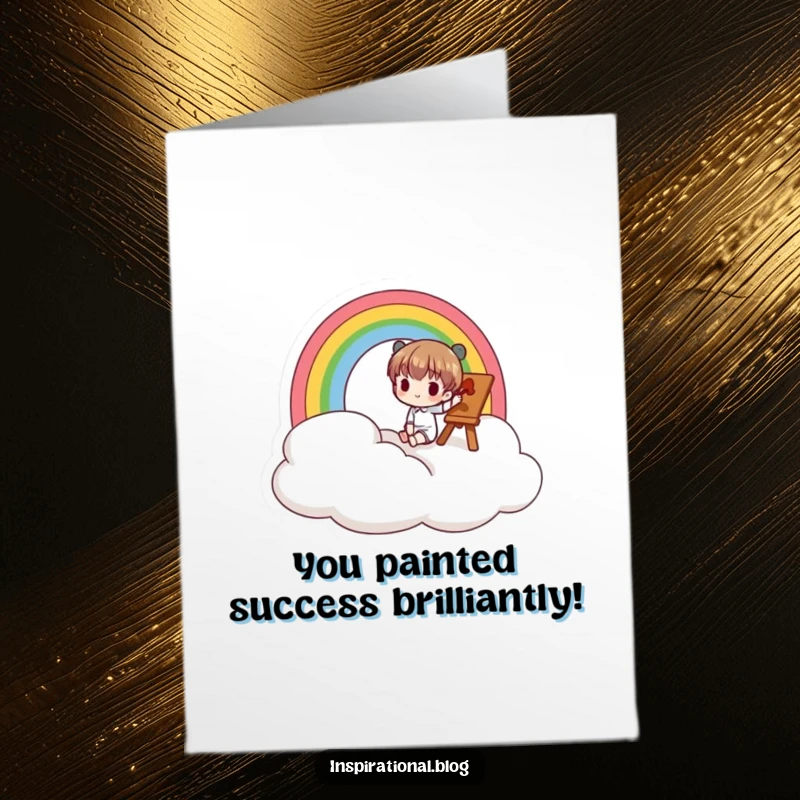 Funny Free Printable Congratulations Card: Small character artfully paints a rainbow on a cloud, celebrating success with colorful flair.