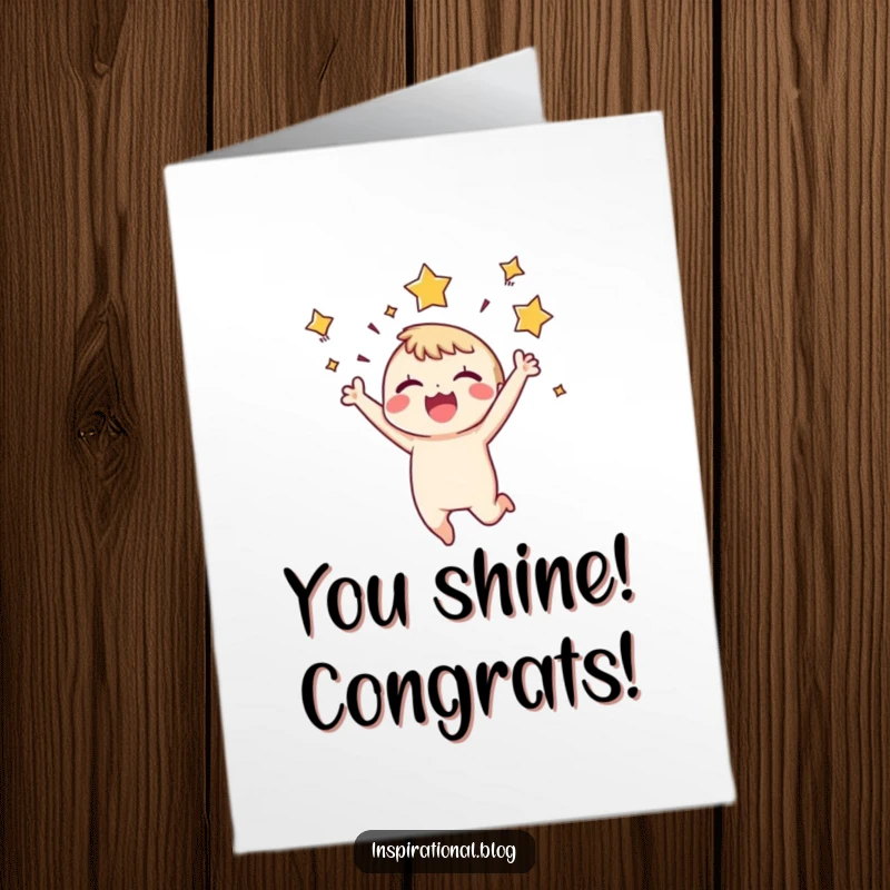 Funny Free Printable Congratulations Card: Tiny character leaps with joy, surrounded by bursting stars.