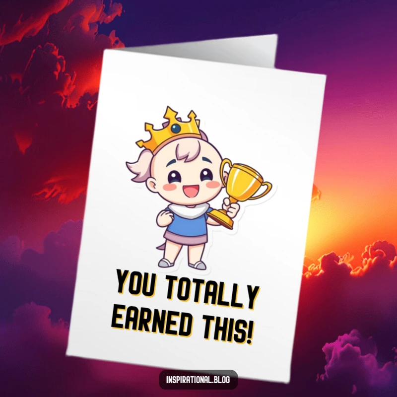 Funny free printable congratulations card showing a character radiating pride while holding a gleaming trophy, celebrating a major accomplishment.