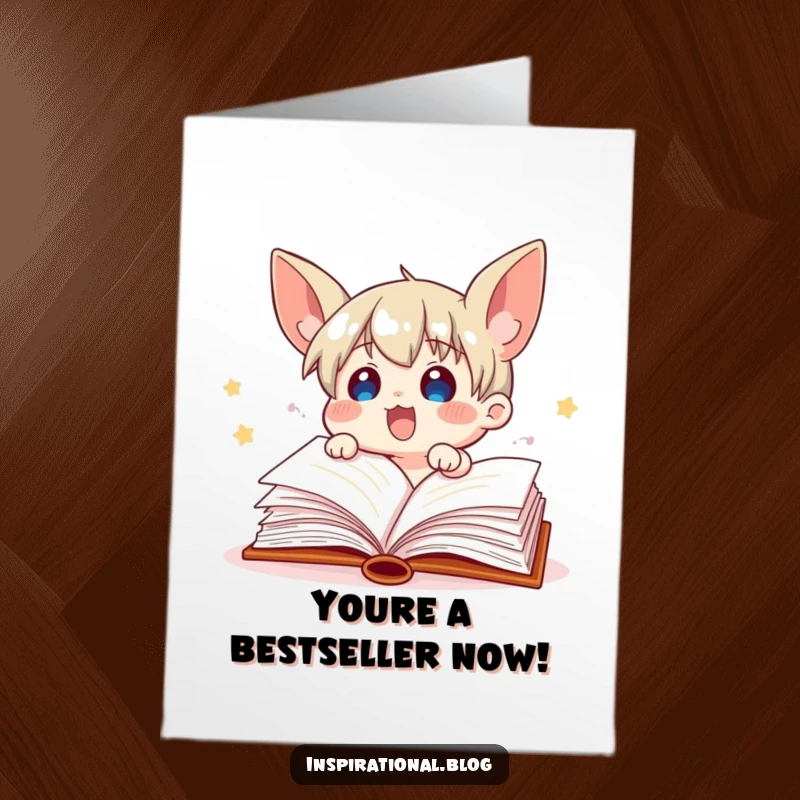 Funny Free Printable Congratulations Card: An excited book character with fluttering pages celebrating success.