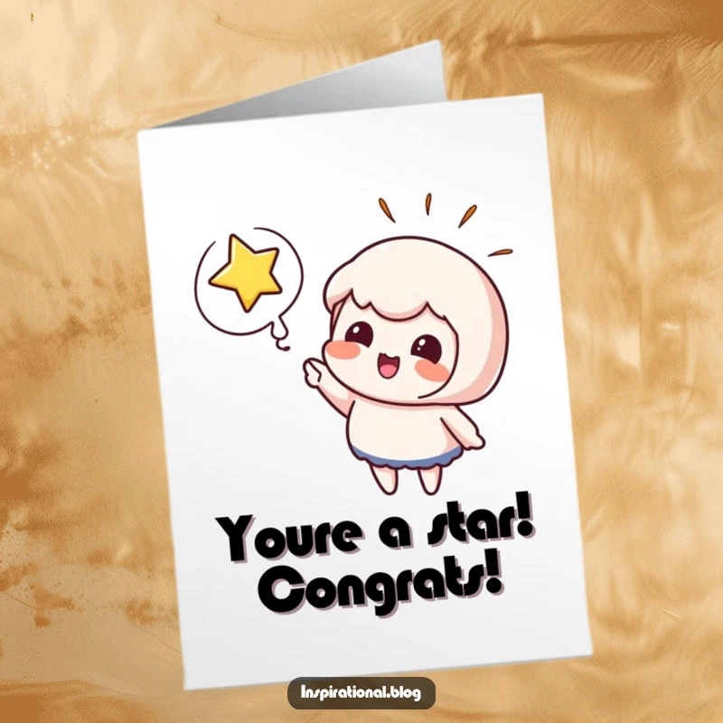 Funny Free Printable Congratulations Card: Character excitedly pointing at a bursting star to celebrate success.