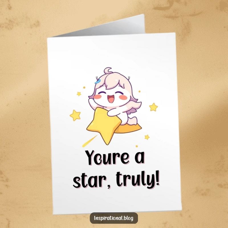 Funny Free Printable Congratulations Card: Character rockets through the sky on a shooting star, celebrating success with ecstatic joy.