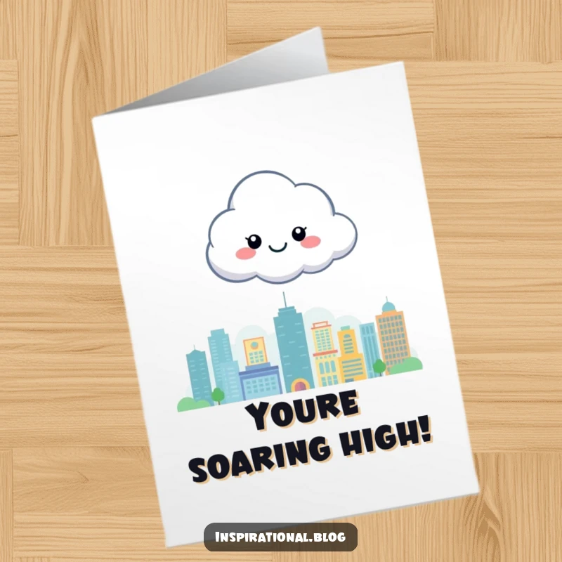 Funny Free Printable Congratulations Card: A happy cloud character beams with joy, hovering above a charming stylized cityscape.