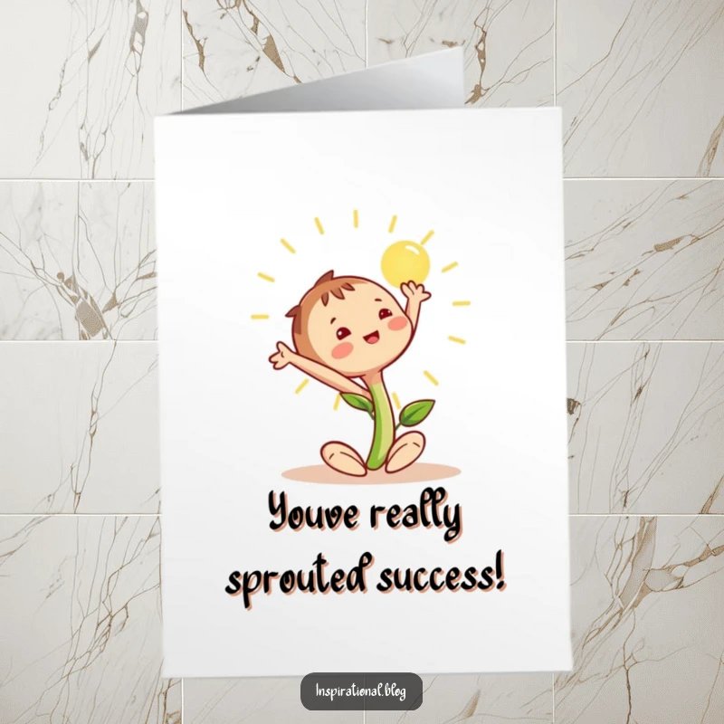 Funny Free Printable Congratulations Card: A happy seedling character stretching towards the sun in celebration.