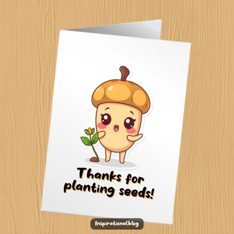 Funny Free Printable Thank You Card: Surprised acorn character with a sprouting plant, a cute way to say thanks.