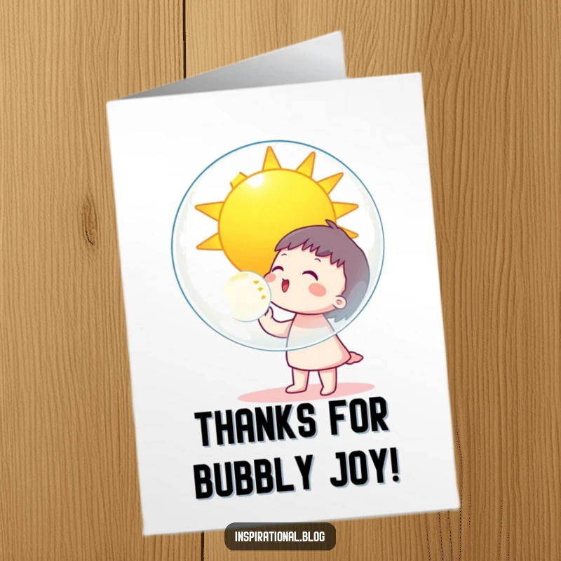 Funny Free Printable Thank You Card: Character blows a giant bubble reflecting a sunny day, humorously thanking them.