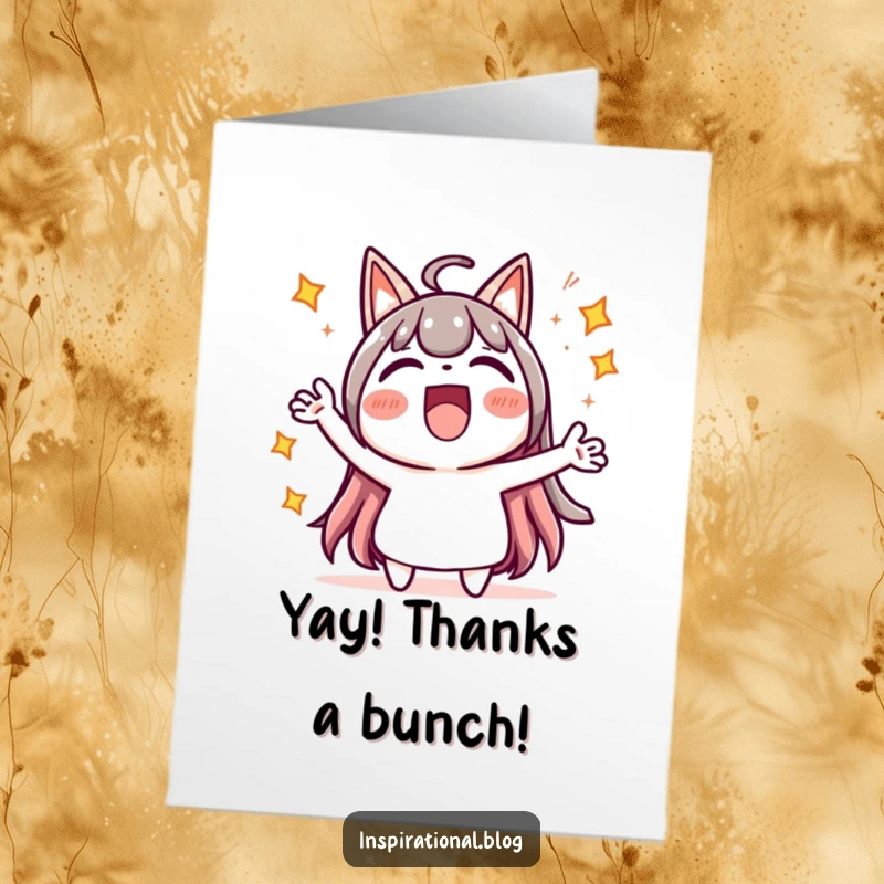 Funny Free Printable Thank You Card: Kawaii character cheering with happy starbursts, expressing heartfelt thanks.