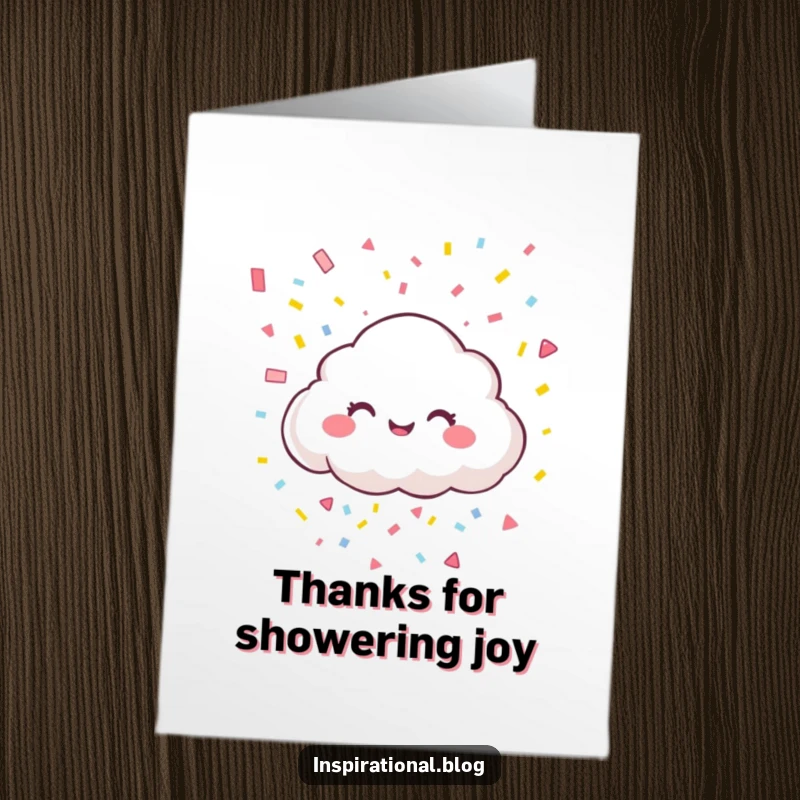 Funny Free Printable Cloud Thank You Card featuring a giggling cloud raining colorful confetti to express sincere thanks.