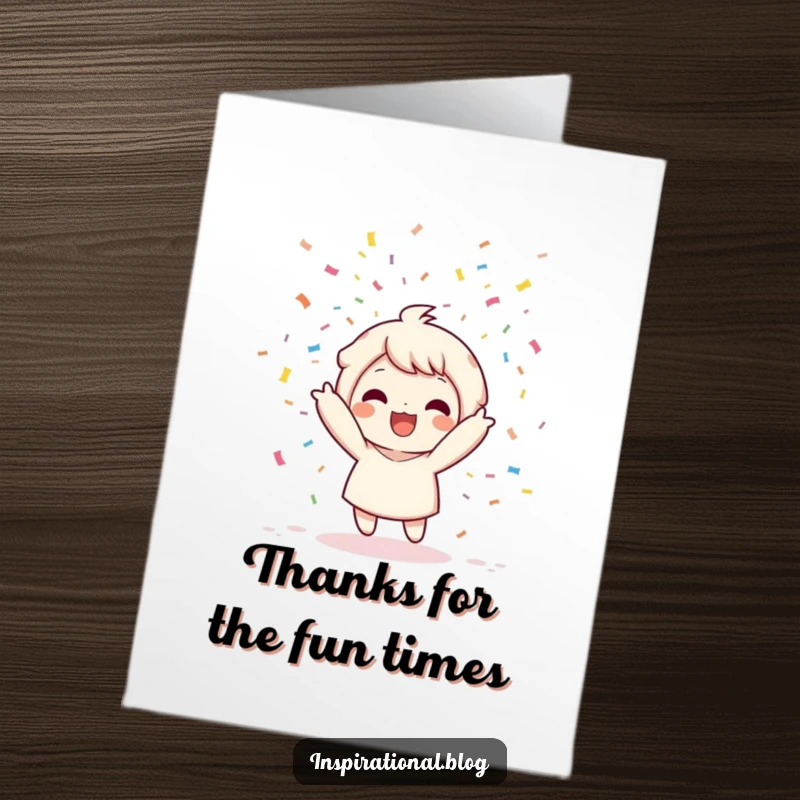 Funny Free Printable Kawaii Confetti Thank You Card: Character throwing confetti bomb, expressing thanks playfully, print at home.