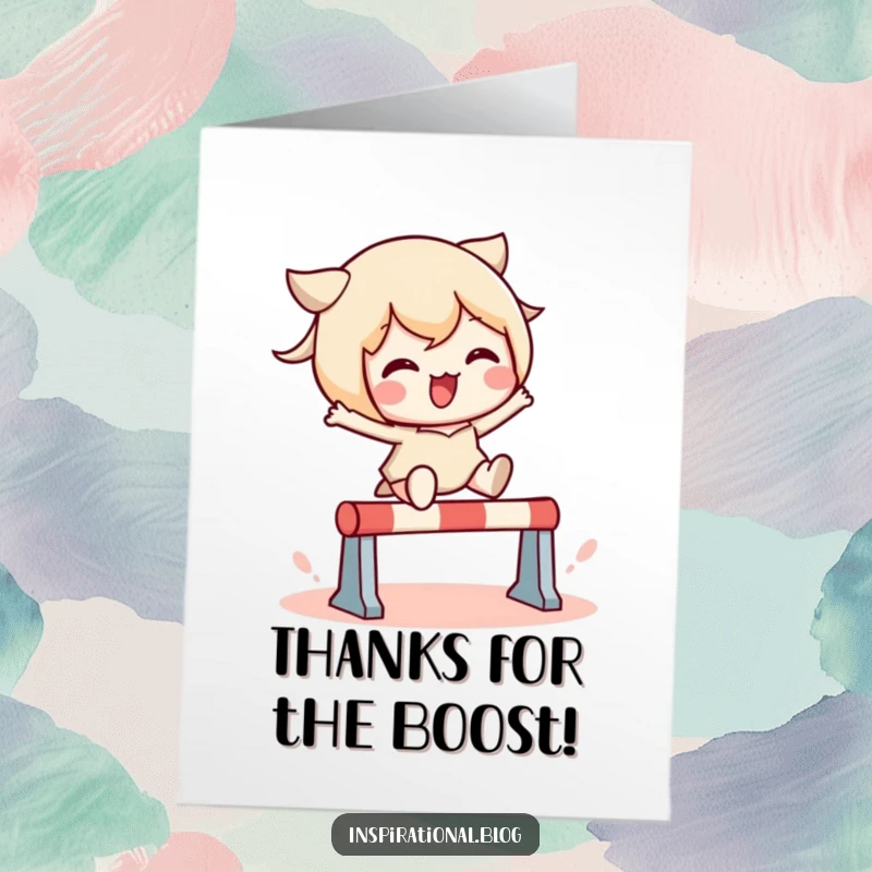 Funny Free Printable Thank You Card: An athletic Kawaii character mid-leap, conveying energetic gratitude and appreciation.