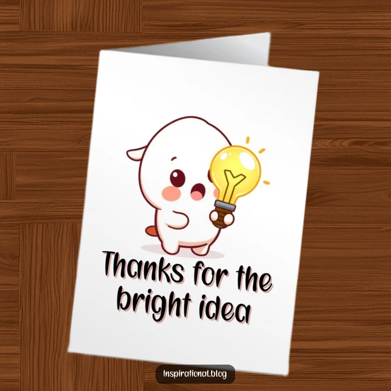 Funny Free Printable Kawaii Idea Bulb Thank You Card: Character with surprised gasp, holding idea bulb, expressing thanks, print at home.