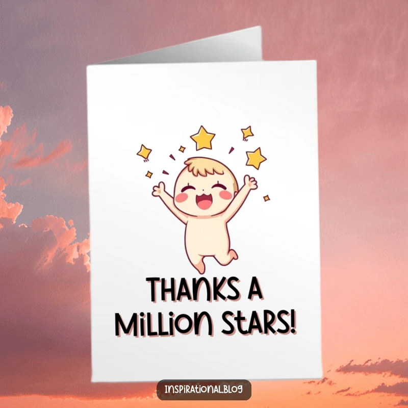 Funny Free Printable Thank You Card: Tiny character leaps in joy, stars bursting in thanks.