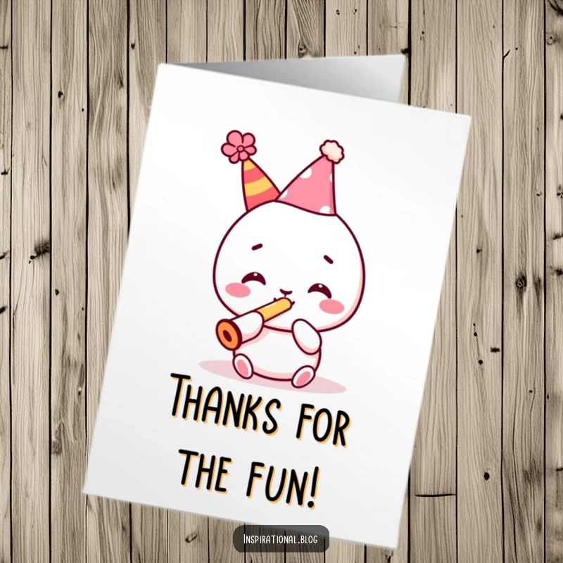 Funny Free Printable Thank You Card: Kawaii character wearing a party hat, blowing a kazoo to say thank you.