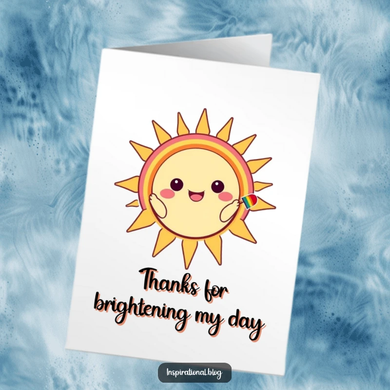 Funny Free Printable Kawaii Sun Thank You Card: Character painting rainbow smile on sun, expressing gratitude, print at home.