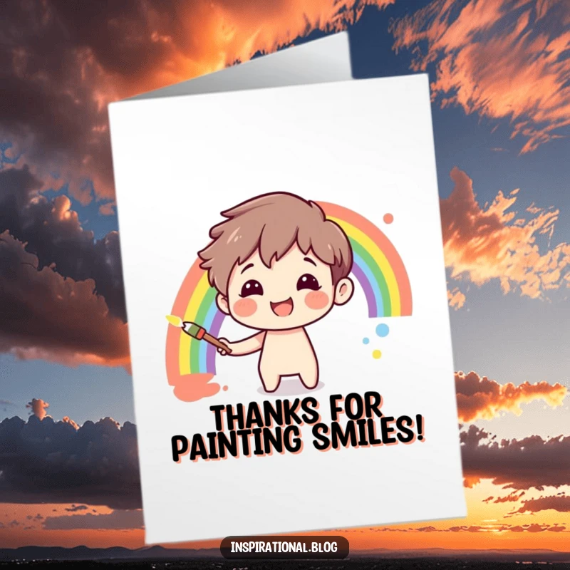 Funny Free Printable Thank You Card: Character paints a beautiful rainbow, conveying thanks with artistic humor.
