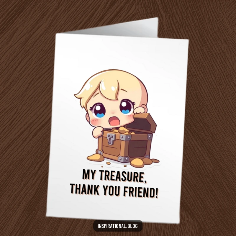 Funny Free Printable Thank You Card showing a character’s wide-eyed surprise at finding a hidden treasure chest, expressing heartfelt thanks.