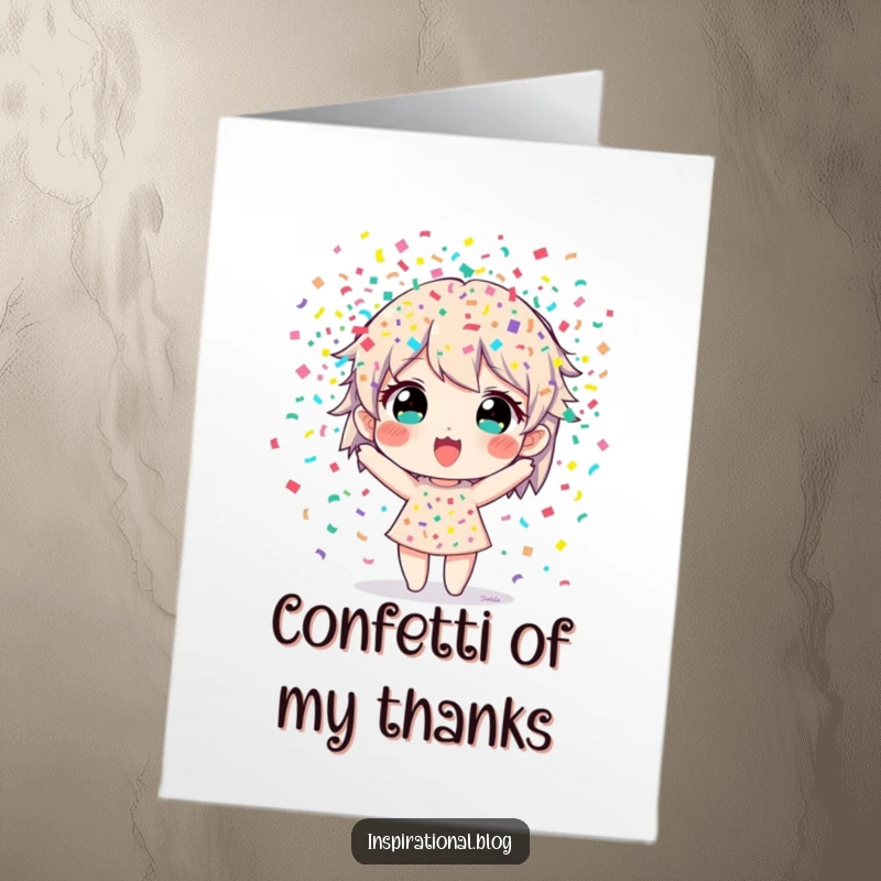Funny Free Printable Thank You Card: A character is engulfed in colorful confetti, expressing enthusiastic gratitude.