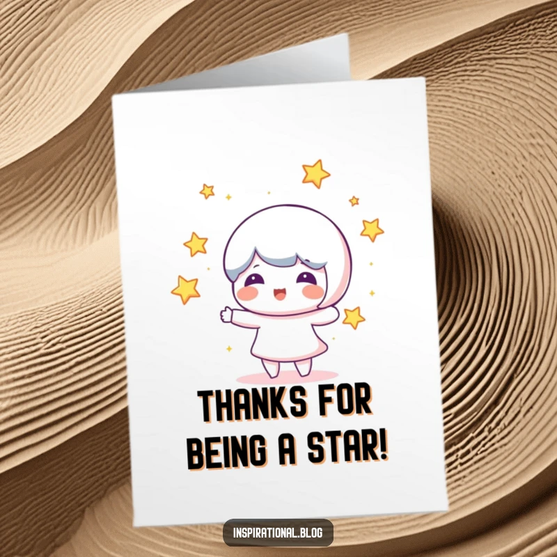 Funny Free Printable Thank You Card depicting a character skillfully juggling luminous stars, showing sincere and humorous appreciation.