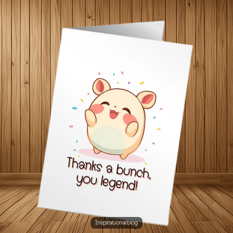 Funny Free Printable Thank You Card showing a round creature scattering confetti and giggling happily.