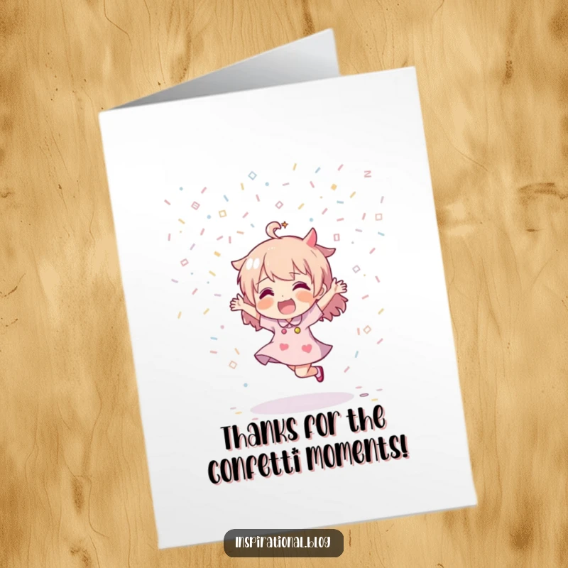 Funny Free Printable Thank You Card depicting a character dancing with gusto under a confetti shower, expressing sincere and lively thanks.
