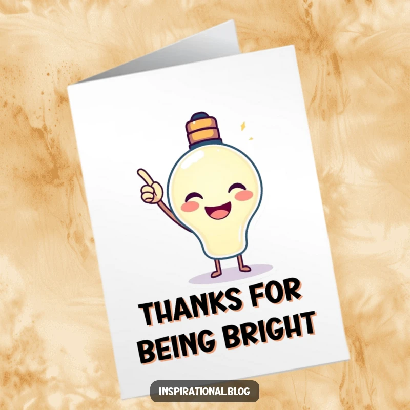 Funny Free Printable Thank You Card: A smiling lightbulb character pointing its glow upwards, a bright way to say thank you.