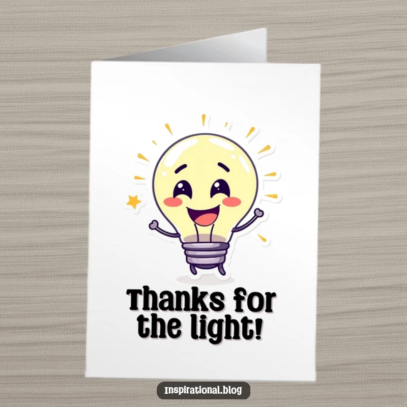 Funny Free Printable thank you card featuring a grinning lightbulb character, symbolizing a bright idea or solution.