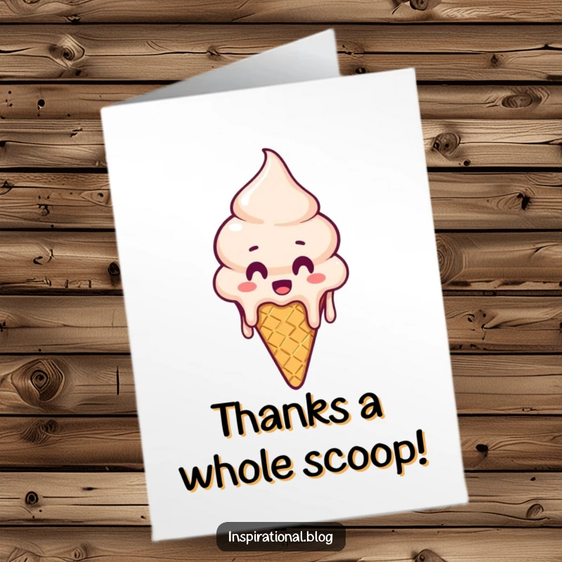 Funny Free Printable Thank You Card: A melting ice cream cone looking surprised and dripping, offering a humorous downloadable way to say thanks.