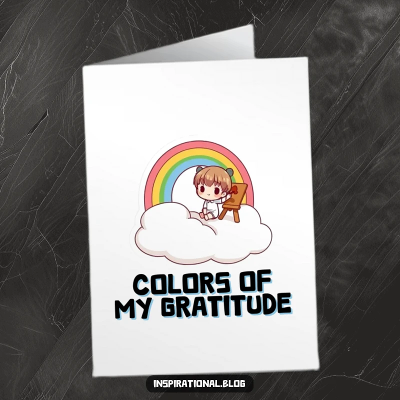 Funny Free Printable Thank You Card: Small character diligently paints a bright rainbow on a cloud, showing artistic appreciation.