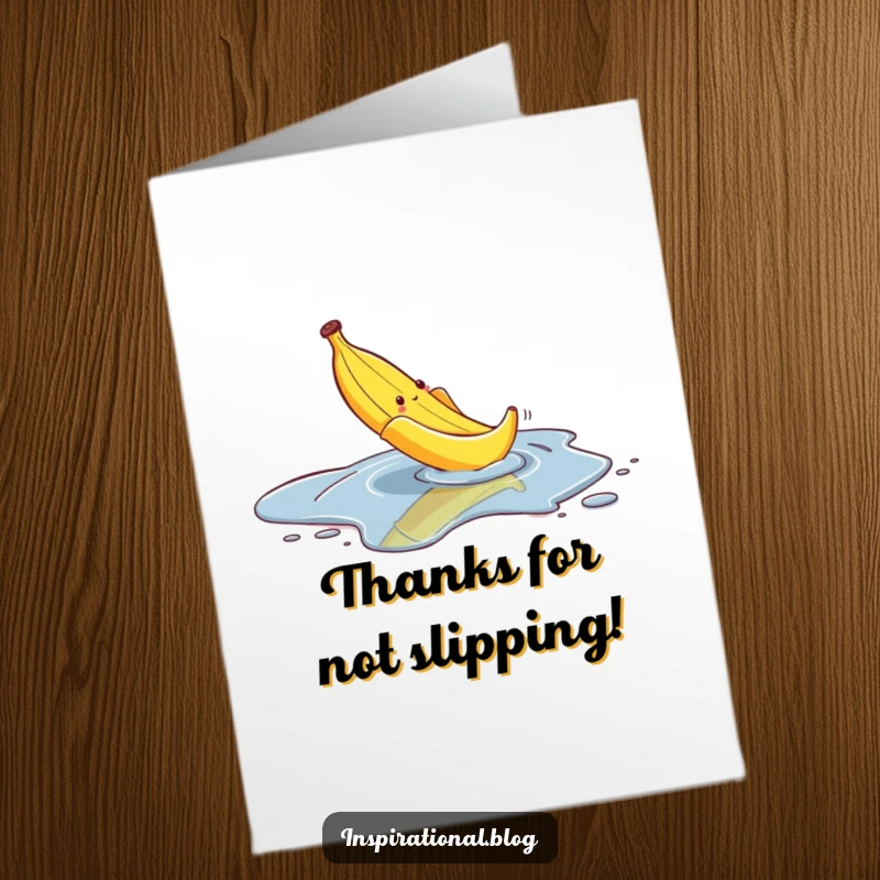 Funny Free Printable Thank You Card depicting a banana peel comically slipping on a puddle, adding humor to thanks.