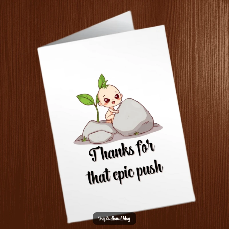 Funny Free Printable Thank You Card: Tiny sprout shows immense effort pushing a large rock, humorously expressing thanks with a downloadable design.