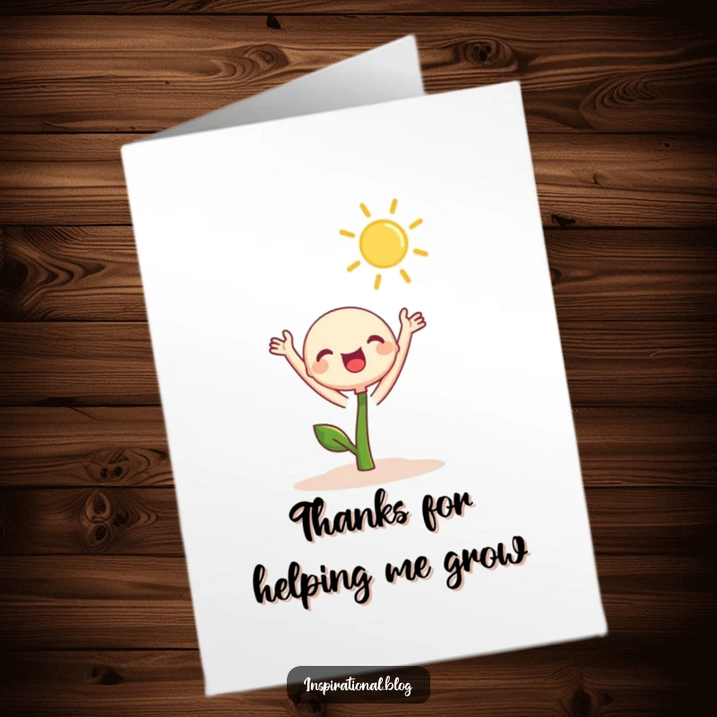 Funny Free Printable Thank You Card: A happy sprout character stretches towards the sun, expressing warm thanks.