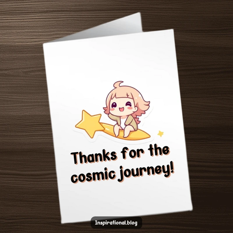 Funny Free Printable Thank You Card: Giggling character on a shooting star, expressing joyful thanks.