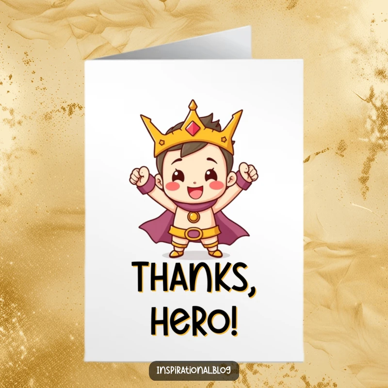 Funny Free Printable Thank You Card: A tiny cheerful character striking a heroic pose with a triumphant smile to say thank you.