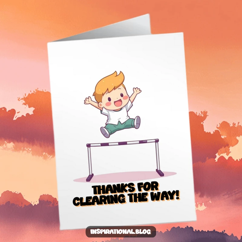 Funny Free Printable Thank You Card depicting a character leaping over a hurdle, expressing thanks for help in overcoming challenges.