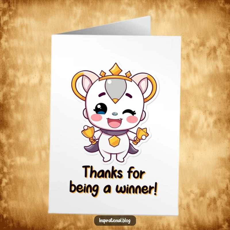 Funny Free Printable Thank You Card showcasing a trophy character beaming with pride, expressing heartfelt thanks.